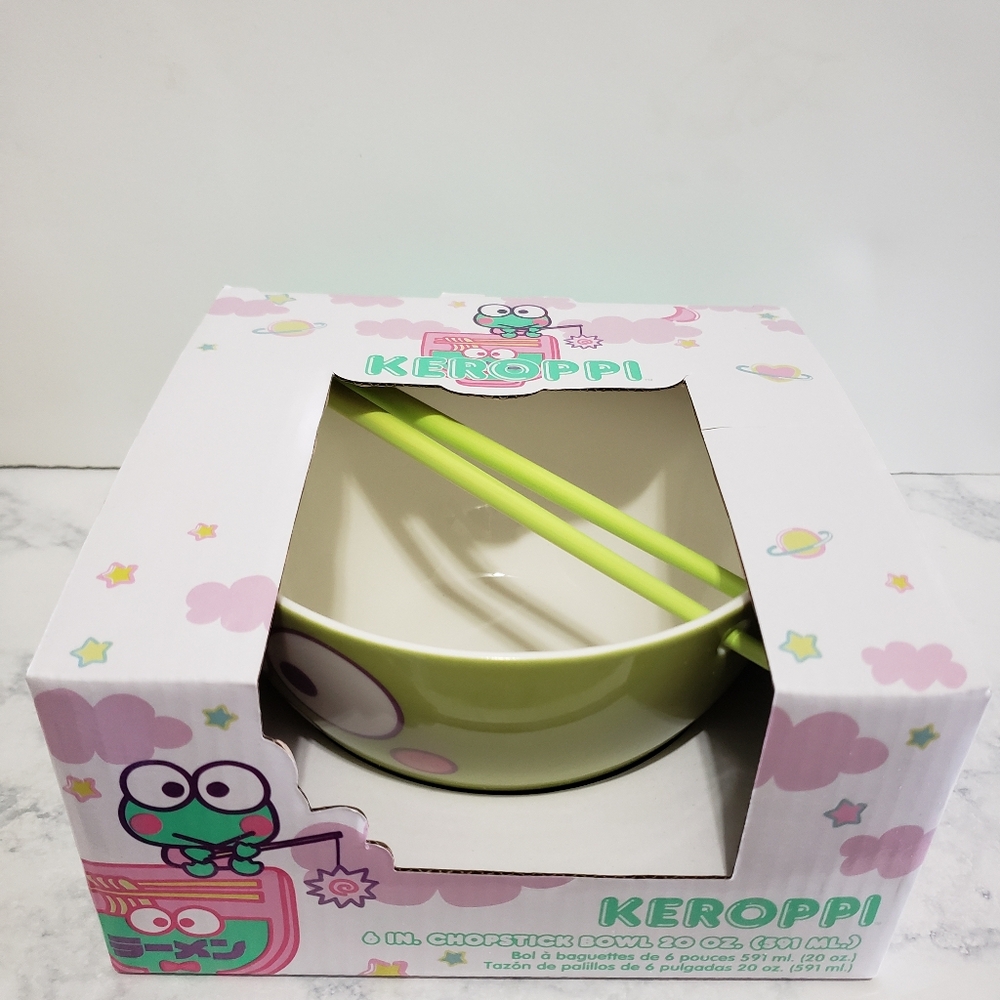 NEW Sanrio Keroppi green 6" ceramic bowl with chopstick 20 oz bowl